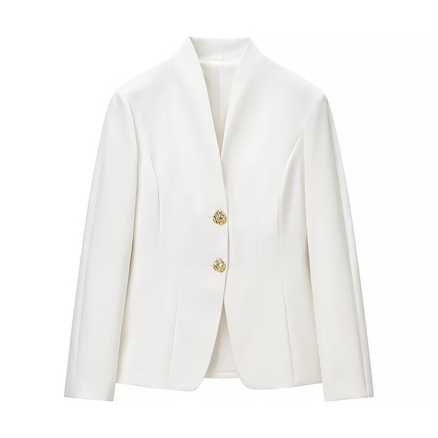 Ladies two-piece tailored blazer and high-waist trousers set with gold button detail Mune Fashion