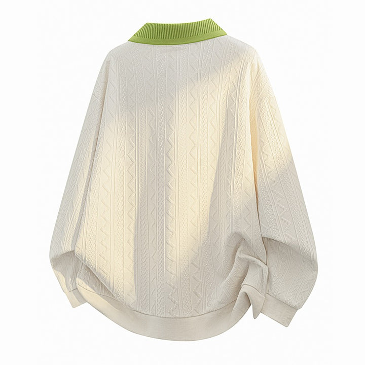 Men's Oversize Knit Polo with Textured Knit, Open V-Neck and Ribbed Collar Mune Fashion
