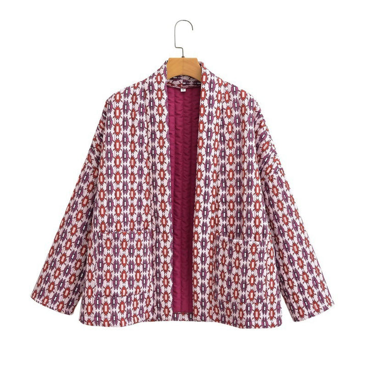 Women Patterned Quilted Kimono Jacket with Patch Pockets Mune Fashion