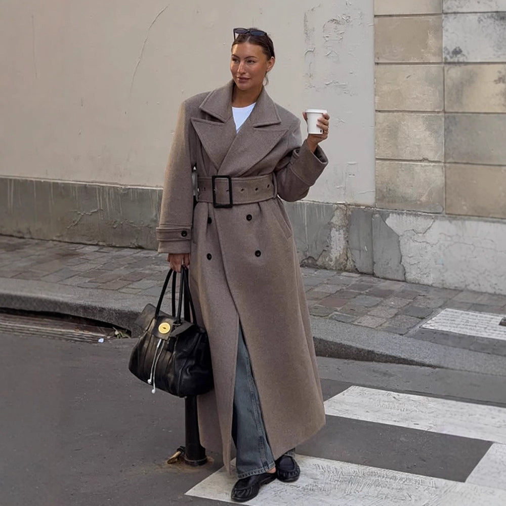 Women Maximal Wool Coat with Double-Breasted Button Placket and Wide Waist Belt Mune Fashion