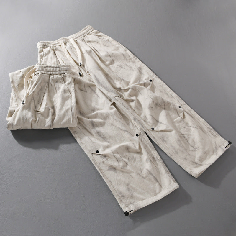 Men's Wide Baggy Cargo Pants with Marble Print and Drawstring Mune Fashion