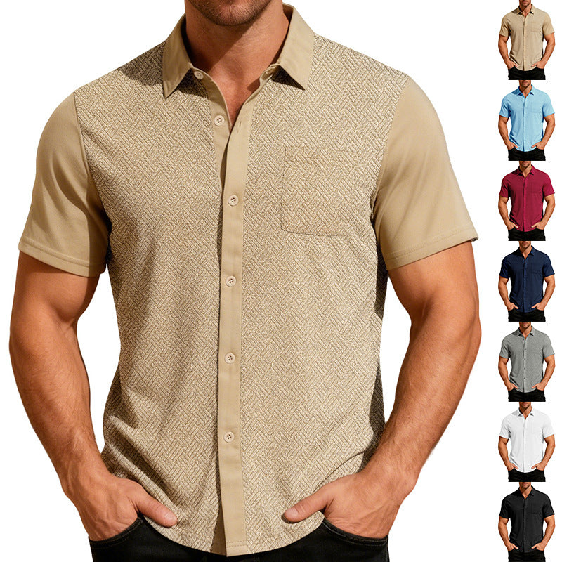 Men's leisure short sleeve shirt with jacquard texture, contrasted button placket and chest pocket Mune Fashion