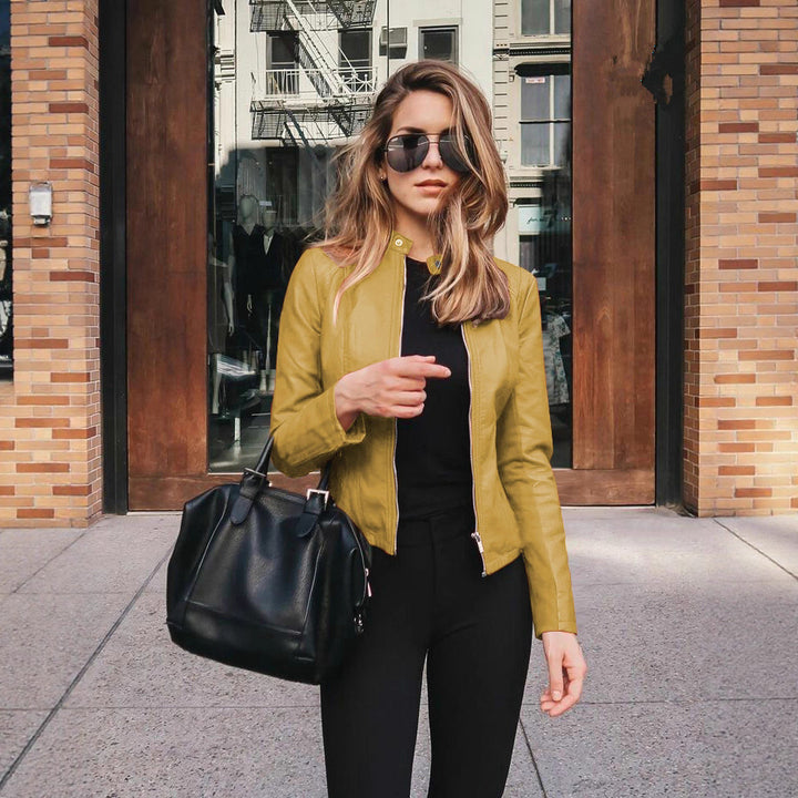 Women's tailored leather jacket with stand-up collar and concealed zipper Mune Fashion