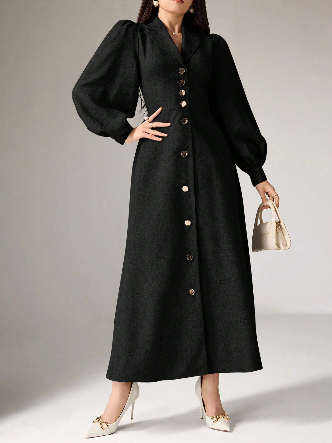 Women's Tailored Midi Dress with Balloon Sleeves and Notched Collar Mune Fashion