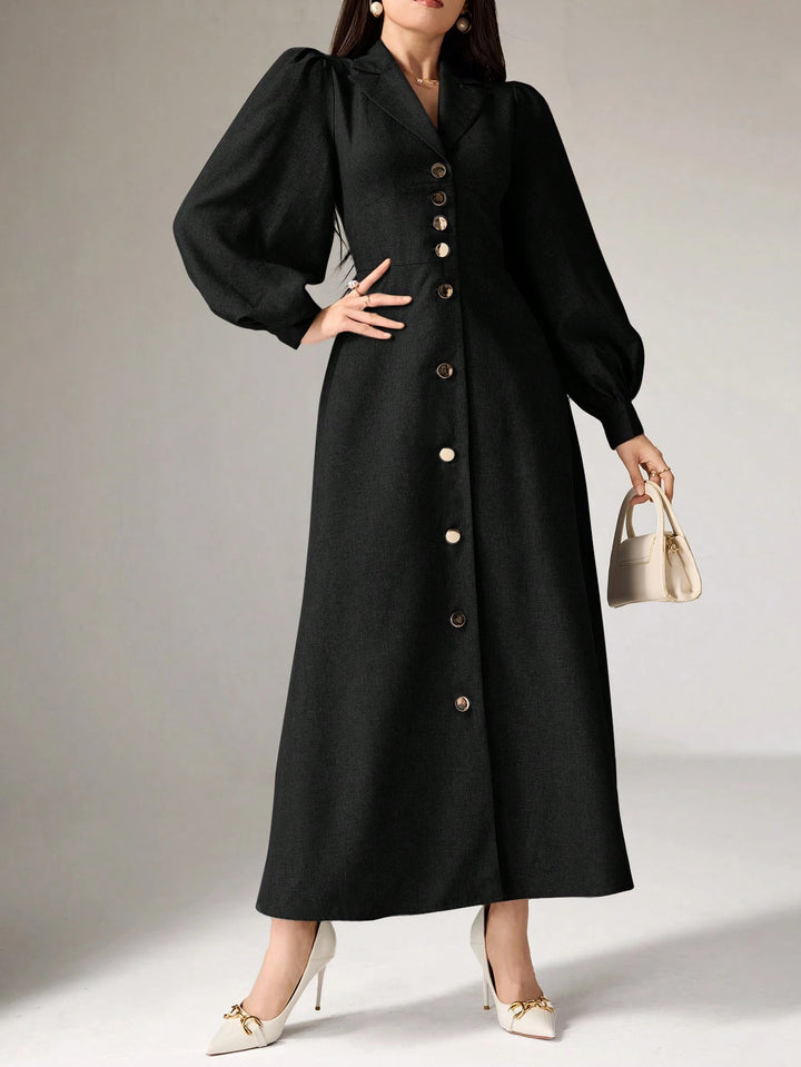 Women's Tailored Midi Dress with Balloon Sleeves and Notched Collar Mune Fashion
