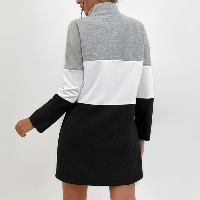 Women's Colorblock Short Dress with Stand Collar and Half Zipper Mune Fashion