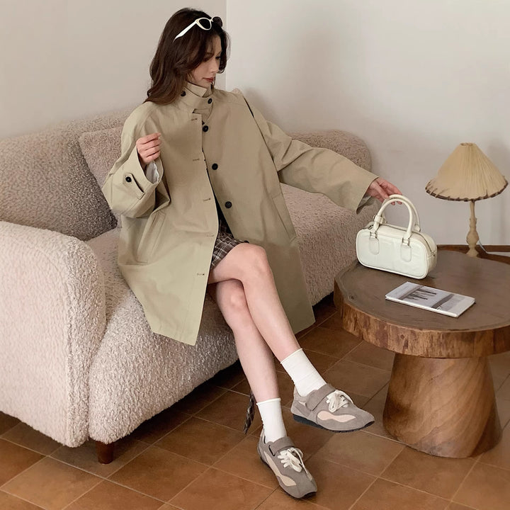 Women Boxy Short Coat with High Stand Collar Visible Button Closure and Side Pockets Mune Fashion