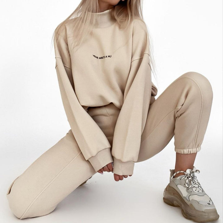 Women Oversize Lounge Set with Stand Collar and Elastic High Waist Jogging Pants Mune Fashion