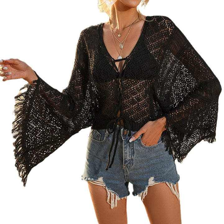 Women's crocheted beach kimono with elegant fringe decoration Mune Fashion