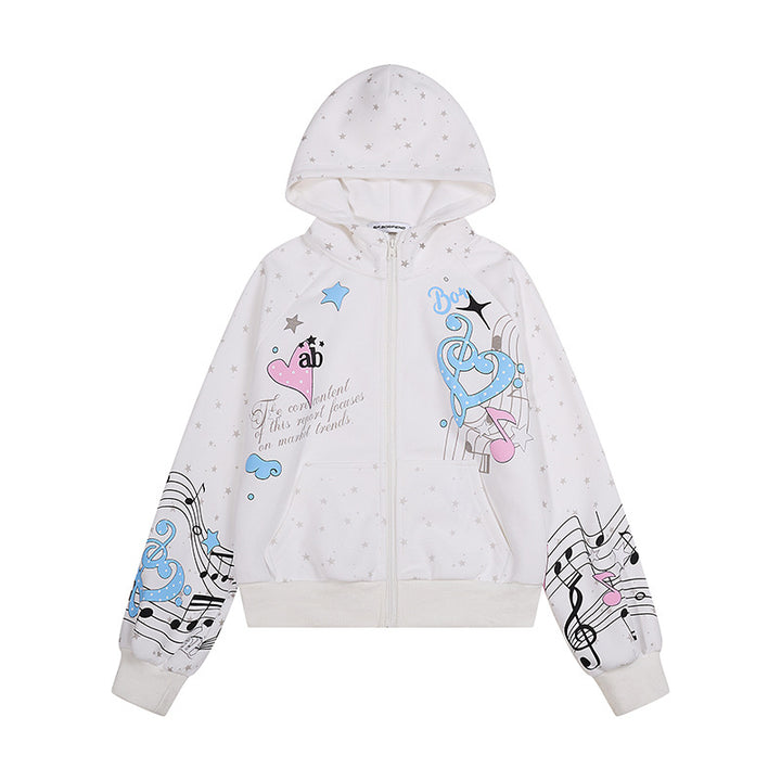 Women's Hooded Sweat Jacket with Front Zipper, Musical Print and Star Design Mune Fashion