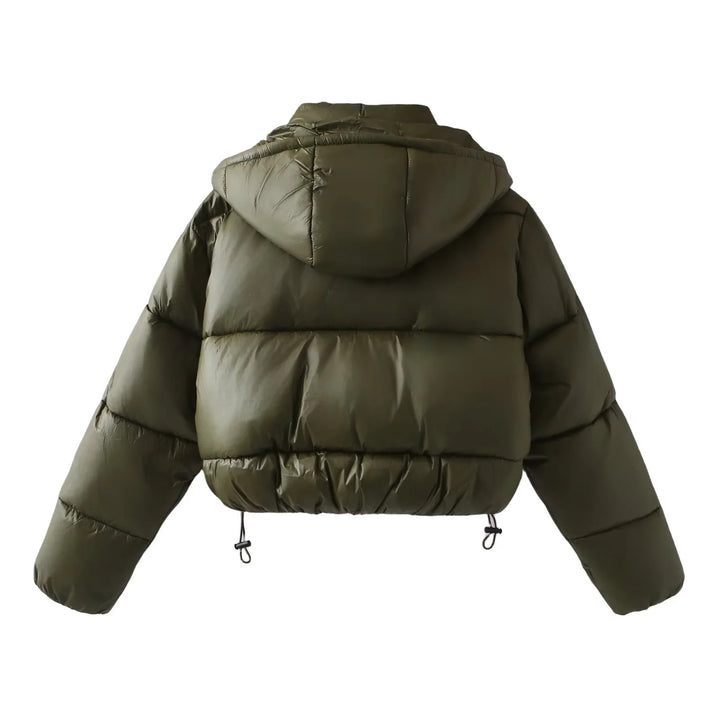 Women's oversized padded short jacket with detachable hood, high stand-up collar, and drawstring hem Mune Fashion