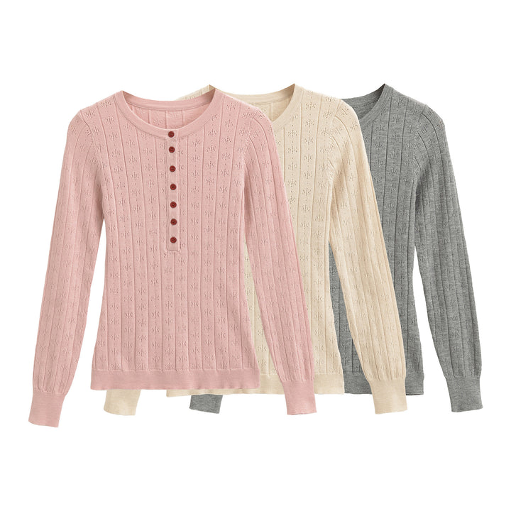 Women's fine knit long sleeve with button placket and textured knit Mune Fashion