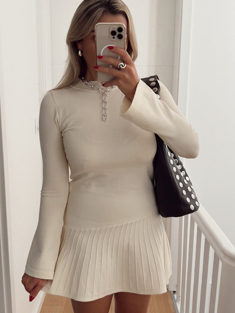 Women's Tailored Fine Knit Mini Dress with Pleated Skirt and Flared Sleeves Mune Fashion