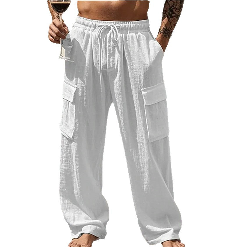 Men's loose linen look cargo pants with elastic drawstring waistband and applied flap pockets Mune Fashion