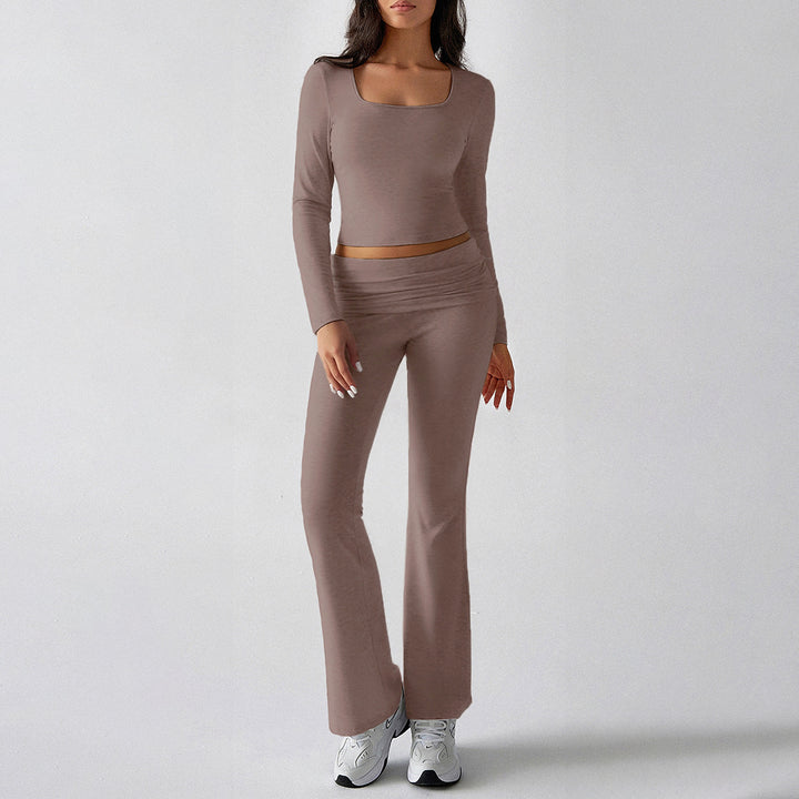 Women's figure-hugging cropped set with long-sleeve top with square neckline and flared high-waist yoga pants Mune Fashion