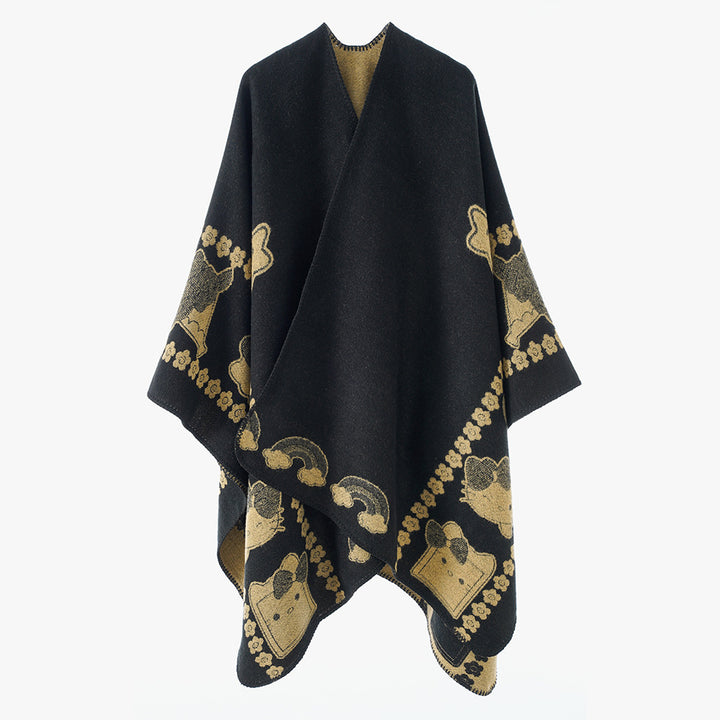 Women's Oversize Poncho with Jacquard Animal Pattern and Asymmetrical Pointed Hem Mune Fashion