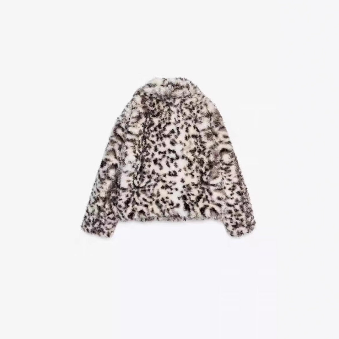 Women's Short Cut Faux Fur Jacket with Leopard Print Mune Fashion