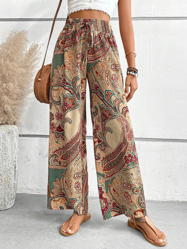 Ladies Palazzo Pants with Wide Leg, Elastic Smocked Waistband and Paisley Print Mune Fashion