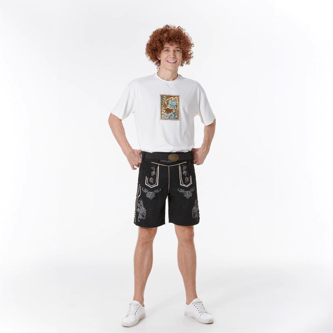 Men's short traditional leather trousers with intricate embroidery and decorative buckle Mune Fashion