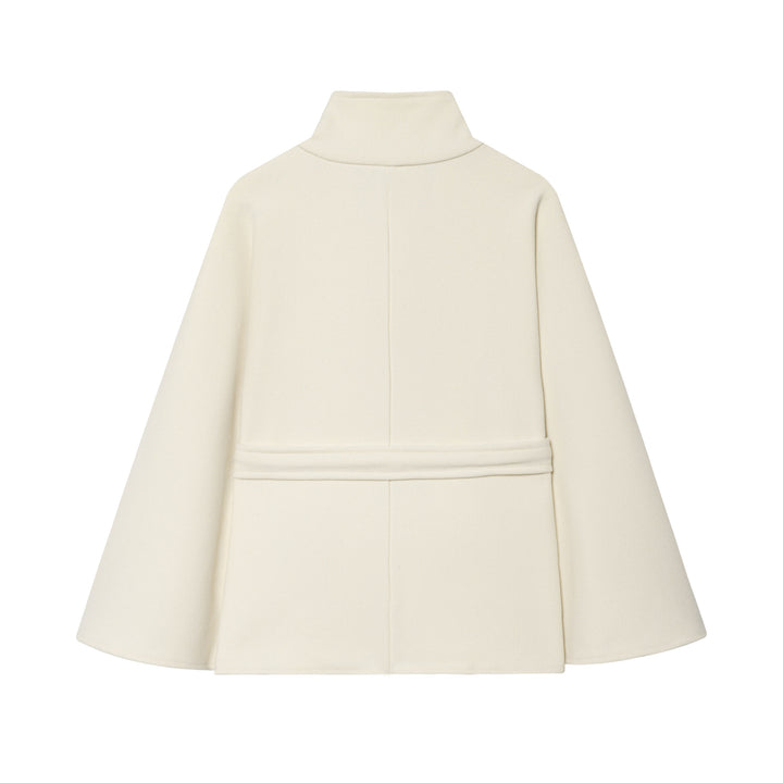 Women Short Cape Coat with Stand Collar, Button Placket and Tie Belt Mune Fashion
