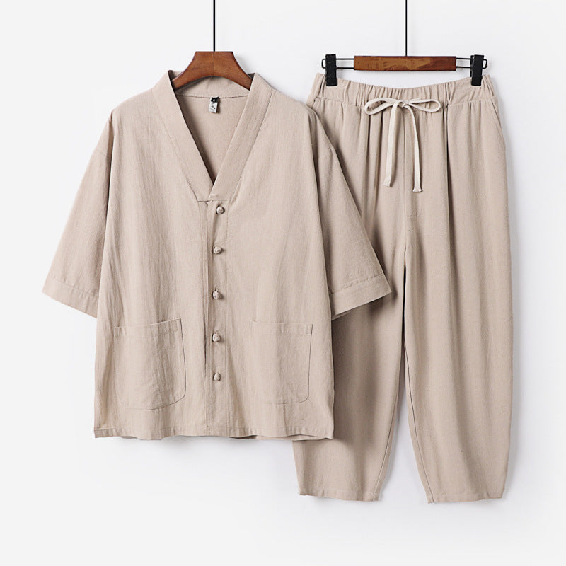 Unisex Lightweight Kimono Lounge Set made of Cotton-Linen with Short Sleeve Jacket and Drawstring Pants Mune Fashion