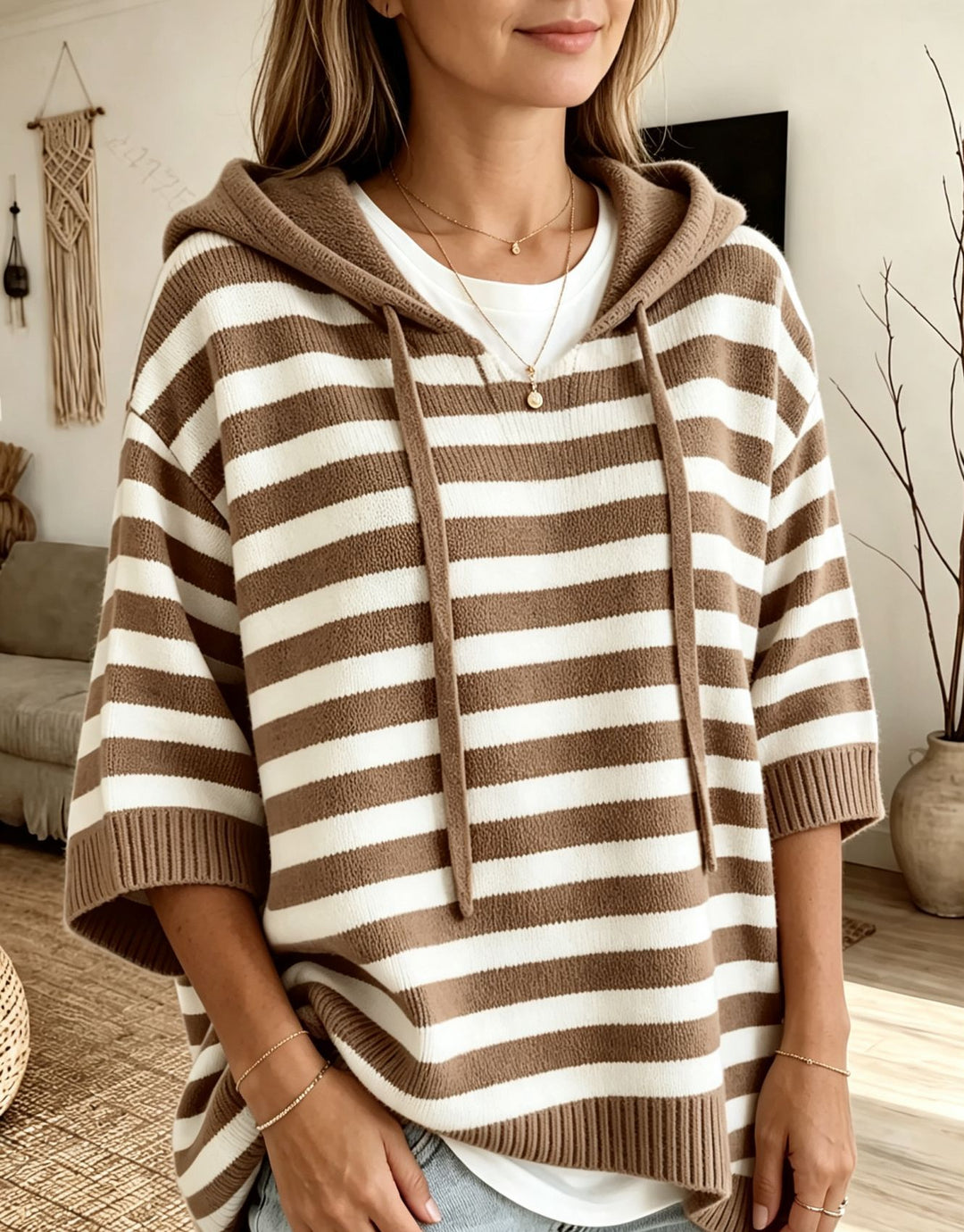 Women Casual Striped Hooded Poncho made of Soft Fine Knit with Half-Length Sleeves Mune Fashion
