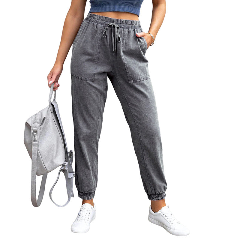 Women's denim jogger pants with cargo pockets and elastic drawstring waistband Mune Fashion