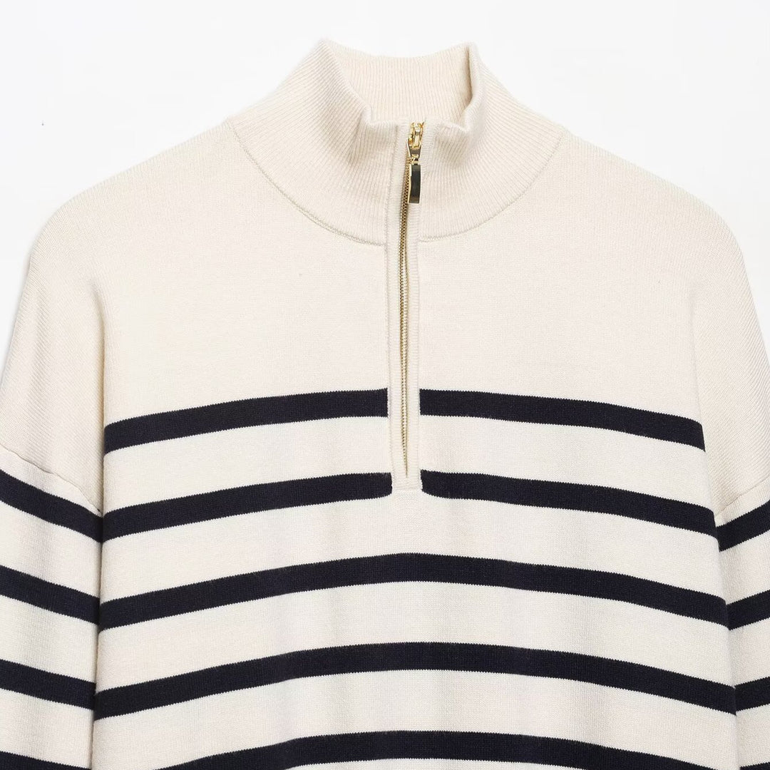 Women's Cropped Boxy Knit Sweater with Half Zipper, Stand Collar and Wide Stripes