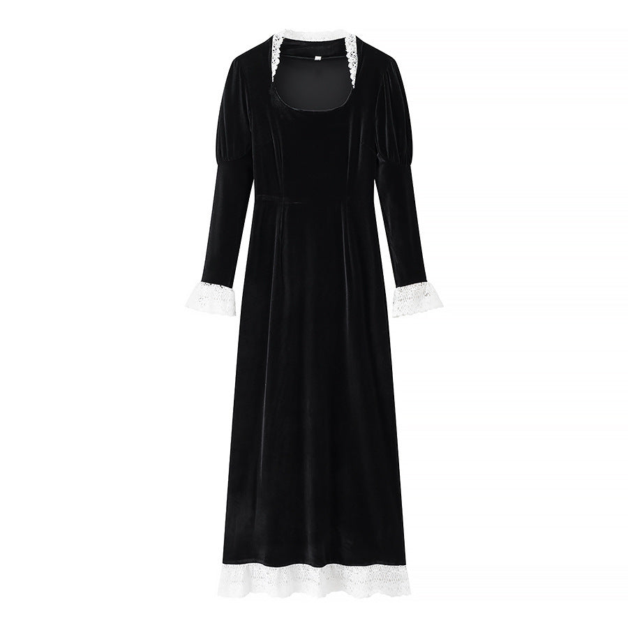 Women’s maxi dress made of velvet with square neckline, puff sleeves, and lace trim Mune Fashion