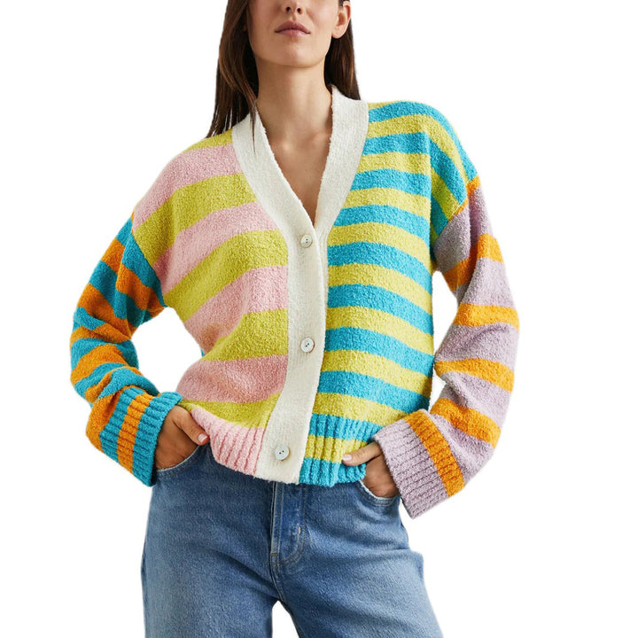 Women’s loose striped terry cardigan with V-neck and button placket Mune Fashion