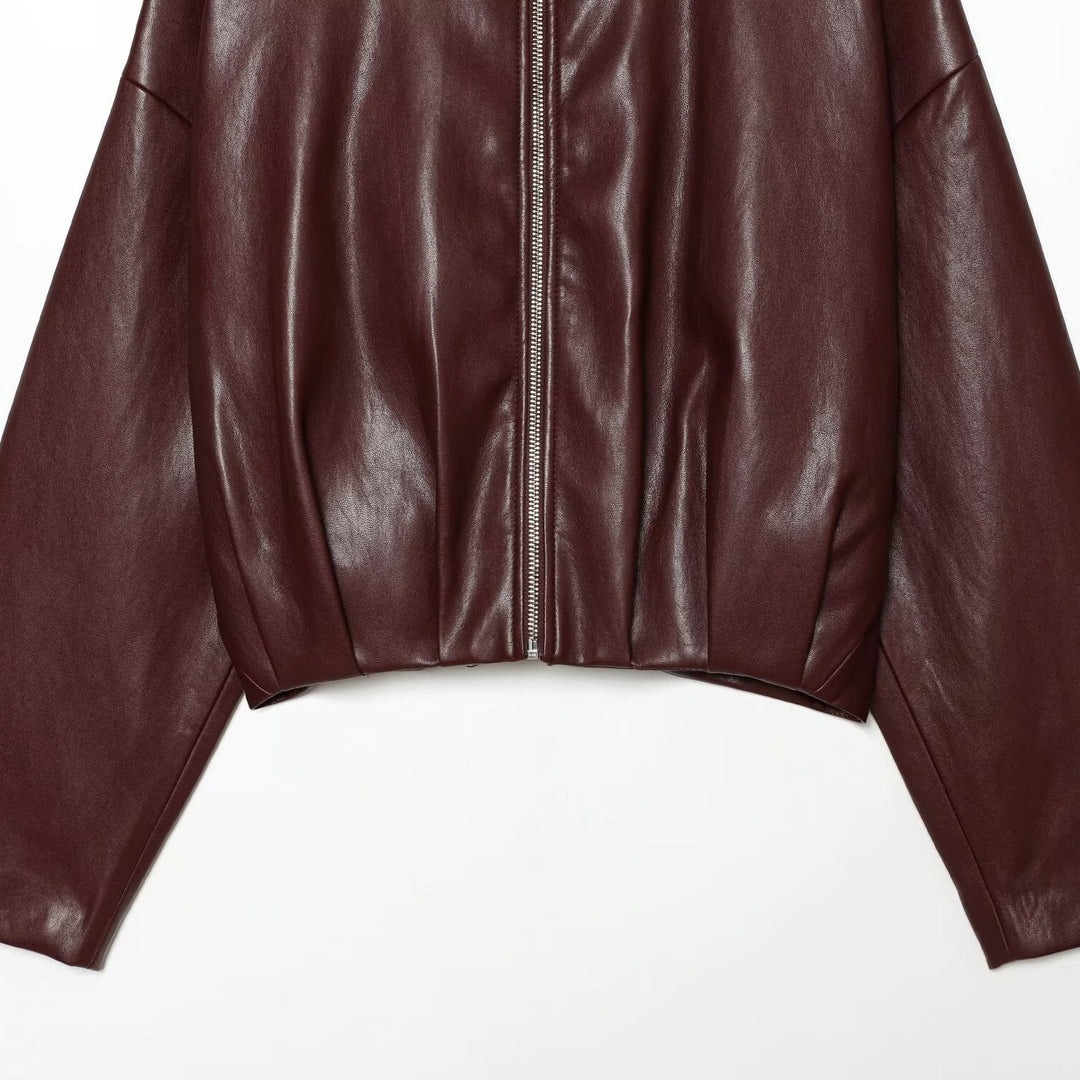 Women's Cropped Boxy Bomber Jacket in shiny leather look with high funnel collar Mune Fashion