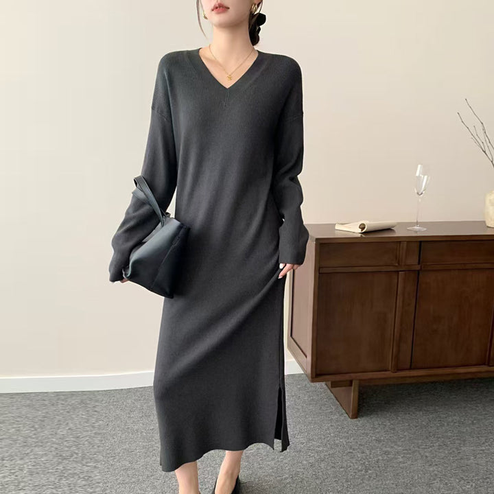 Women Long Fine Knit Midi Dress with V-Neck, Side Slit, and Relaxed Silhouette Mune Fashion