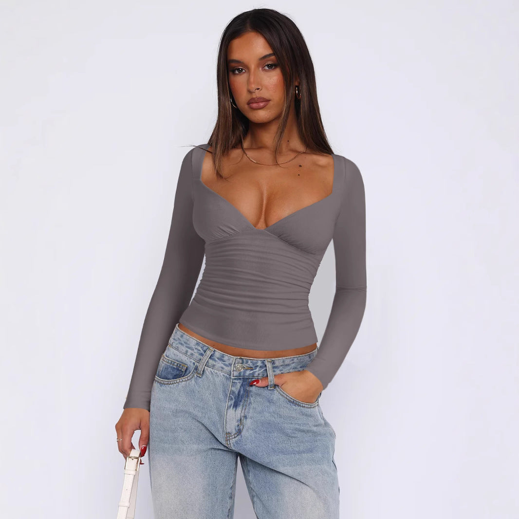 Women Fitted Long-Sleeve Top with V-Neckline and Gathers Mune