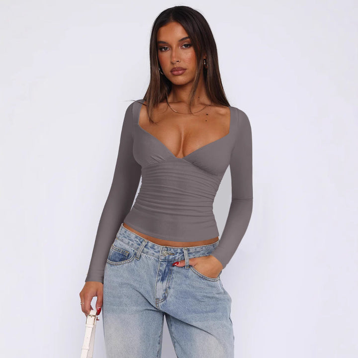 Women Fitted Long-Sleeve Top with V-Neckline and Gathers Mune