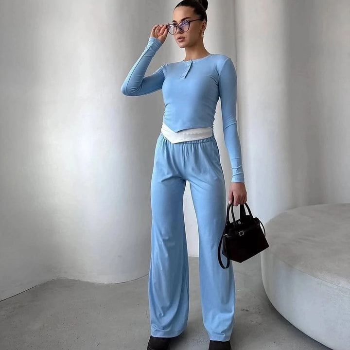 Women's loungewear set made of soft modal with Henley button placket and wide high-waist lounge pants Mune Fashion