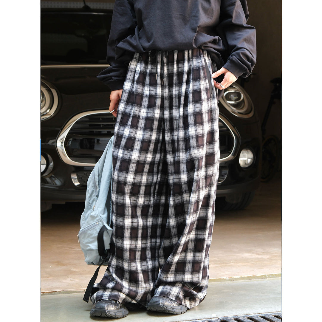 Women's wide checkered flannel palazzo pants with elastic waistband and drawstring Mune Fashion