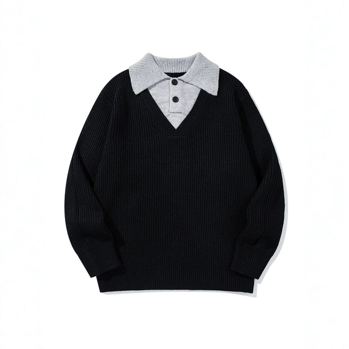 Men's Ribbed Knit Sweater with Polo Collar Insert and Deep V-Neck Mune Fashion