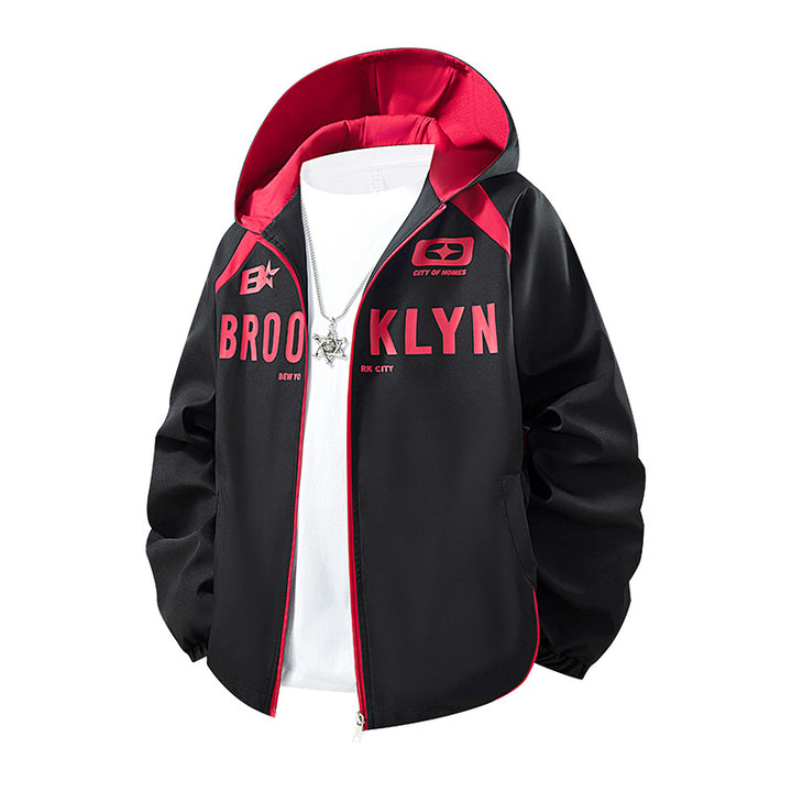 Herren Kapuzenjacke im urbanen Sportstyle mit Brooklyn-Print, Reißverschluss und Kontrastnähten Mune Fashion