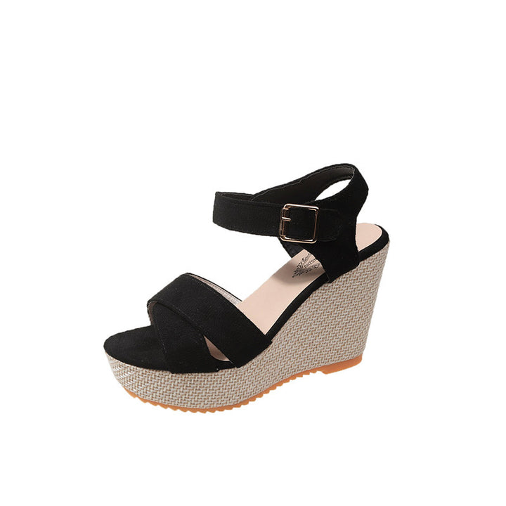 Women's espadrille wedge sandal with crossed suede straps and adjustable buckle tab Mune Fashion