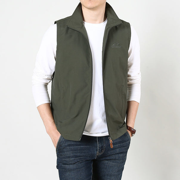 Men's Sleeveless Utility Vest with Stand Collar, Zipper and Pockets Mune Fashion