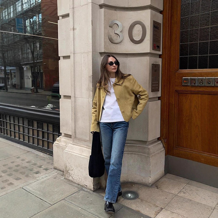 Women's Short Suede Jacket with Rounded Collar and Boxy Cropped Cut Mune Fashion