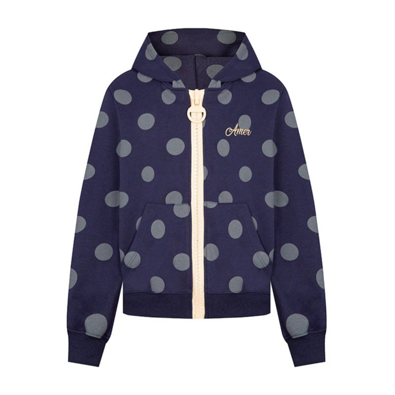 Women's cropped hooded zip jacket with large polka dot pattern and decorative zipper Mune Fashion