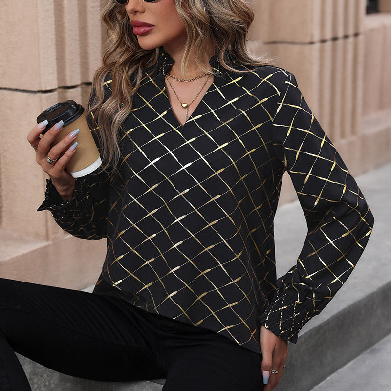 Women Elegant Blouse with Geometric Pattern and Ruffles Mune Fashion