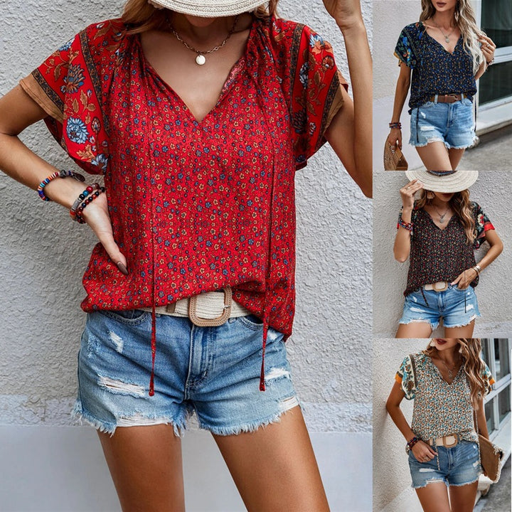 Women's Lightweight Blouse Shirt with V-Neck, Short Kimono Sleeves and Floral Allover Pattern Mune Fashion