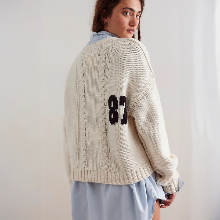 Women's Oversized Chunky Knit Sweater with Sporty Number Decor & Braided Knit Detail Mune Fashion