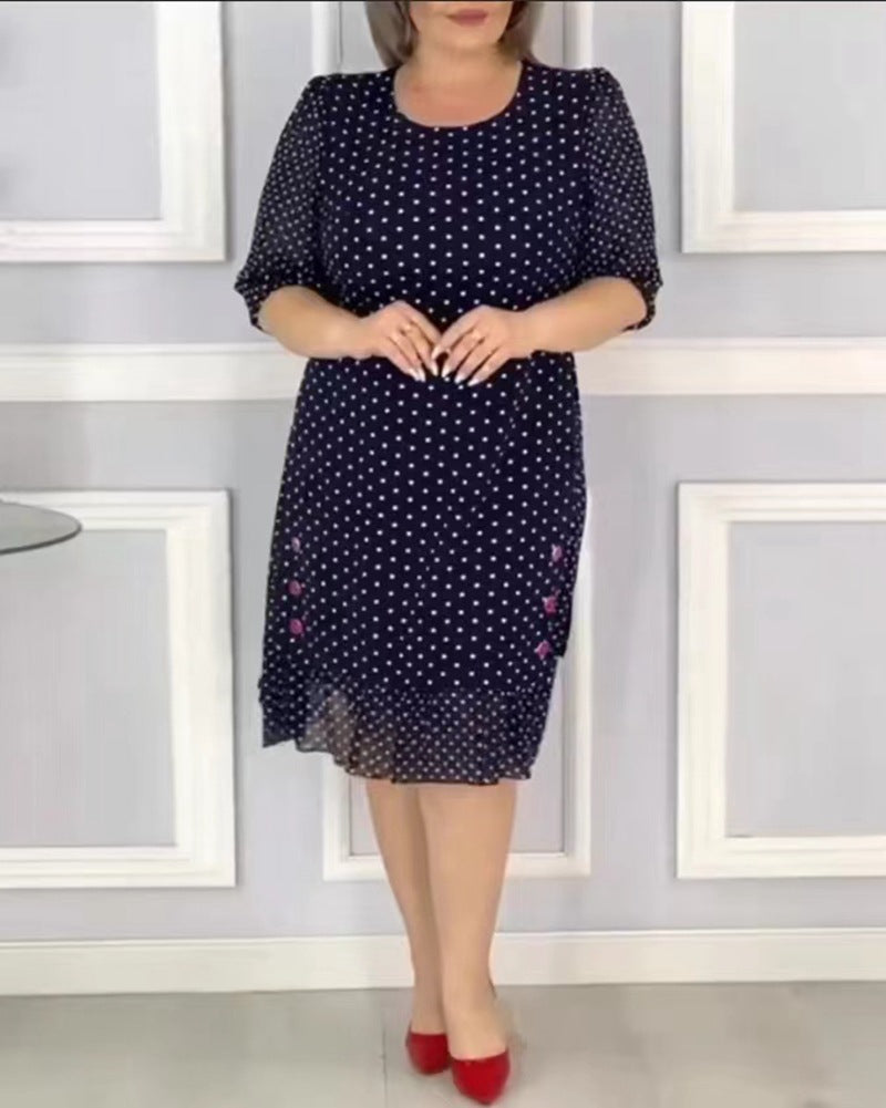 Women's Chiffon Midi Dress with Polka Dot Pattern, Feminine A-Line and Delicate Floral Embroidery Mune Fashion