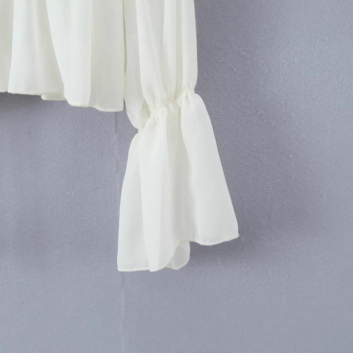 Women's Transparent Chiffon Blouse with Ruffle Ties, Tiered Cut and Waist Gathering Mune Fashion