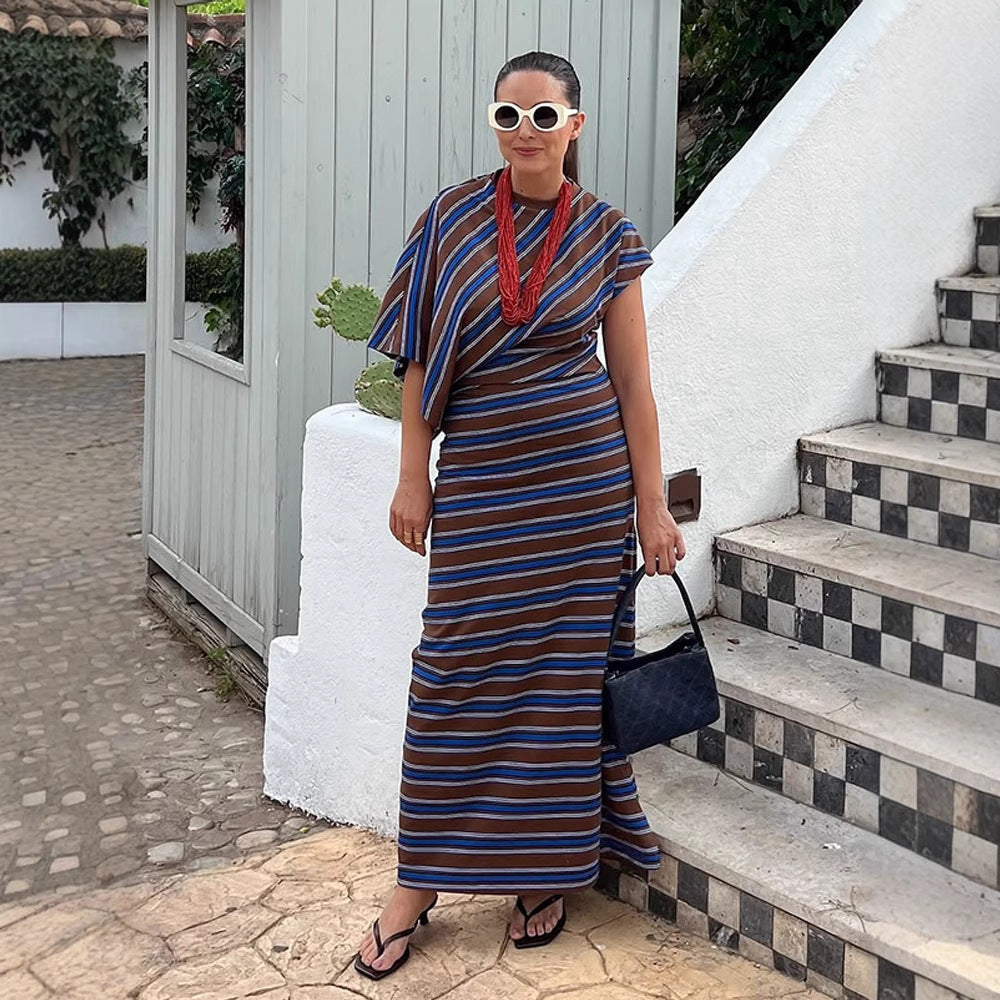 Women's Striped Maxi Dress with Asymmetrical Cape Sleeves & Tailored Silhouette Mune Fashion
