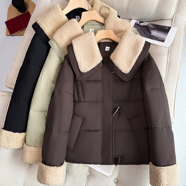 Women's short padded quilted jacket with voluminous teddy collar and rolled teddy cuffs Mune Fashion