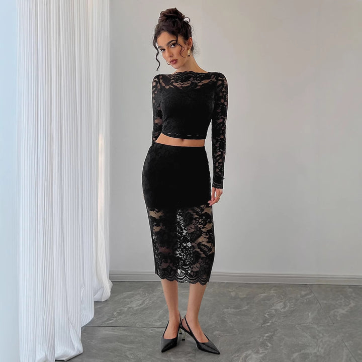 Ladies two-piece lace ensemble with cropped long sleeve top and fitted midi skirt Mune Fashion